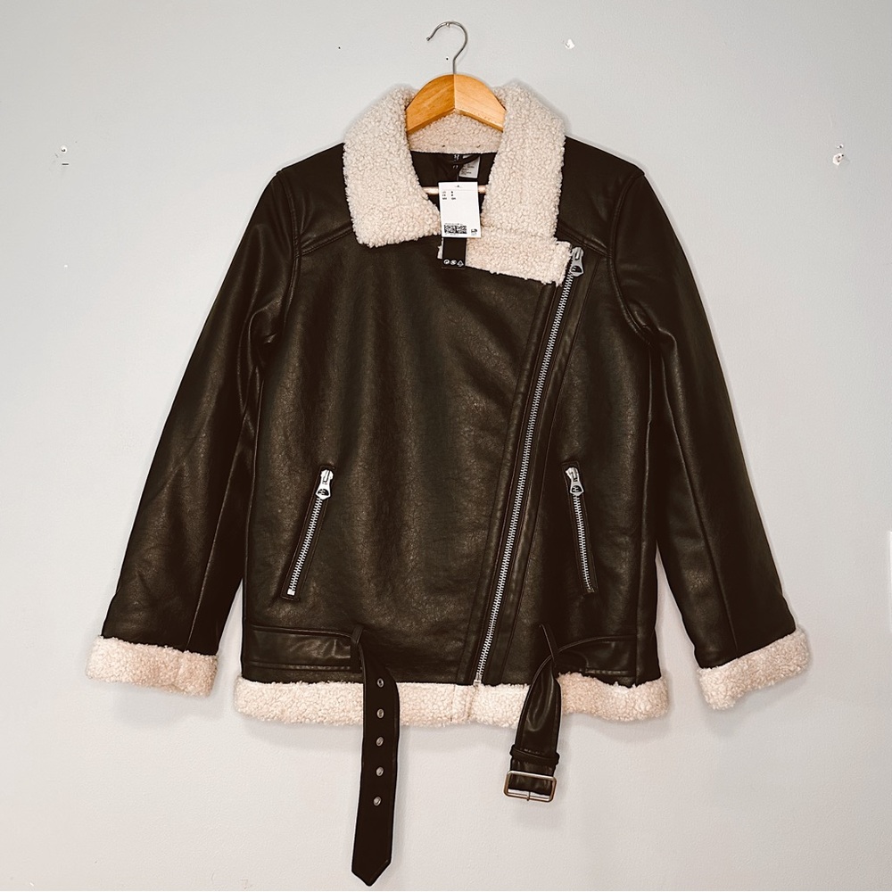 NWT H&M Aviator Teddy Fleece Jacket – Black/Beige, Size Small - Picture 4 of 7
